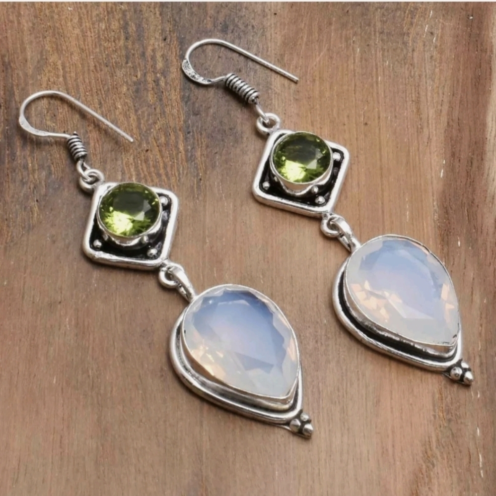 New Peridot & Milky Opal 925 Silver Dangle Earrings.